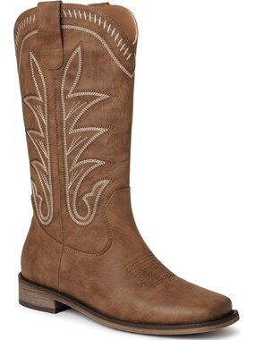 Women's Brown Western Wide Square Toe Cowgirl Boots Mid Calf Country Boots